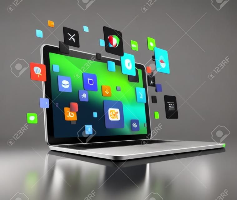 3D ordinateur portable avec le vol apps icônes - isolé sur un fond gris