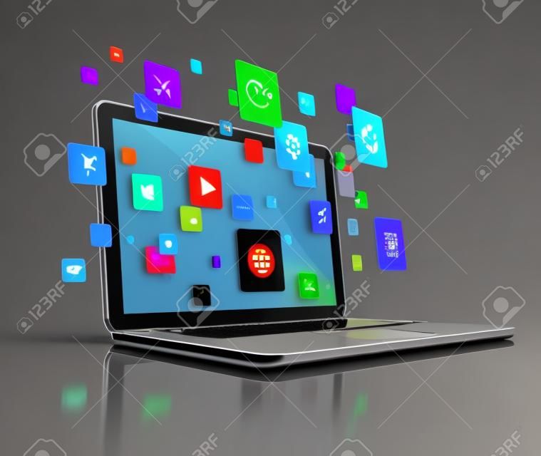 3D Laptop Computer met vliegende apps pictogrammen - geïsoleerd op een grijze achtergrond
