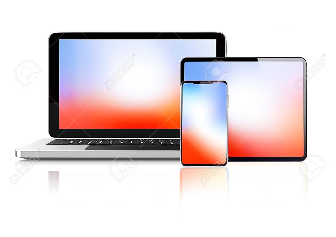 Laptop, tablet e conjunto de telefone mockup isolado no fundo branco com telas coloridas.