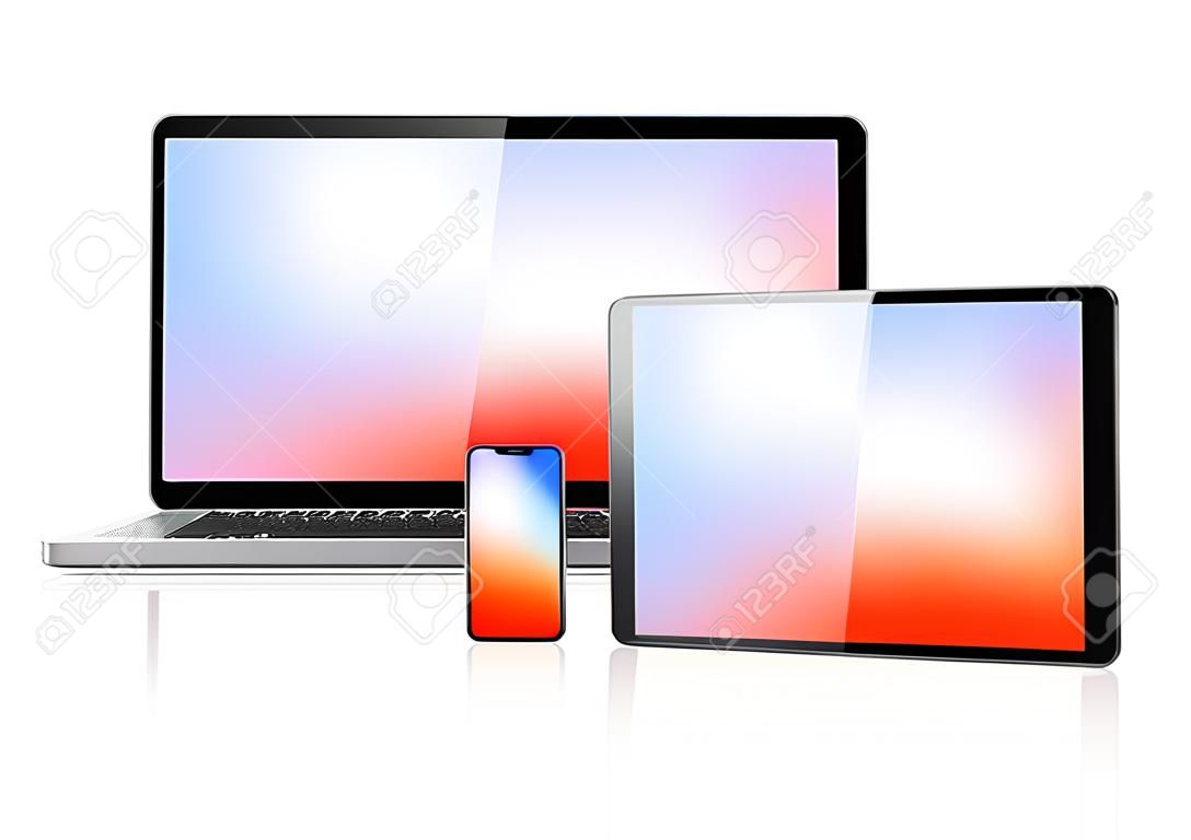 Laptop, tablet e conjunto de telefone mockup isolado no fundo branco com telas coloridas.
