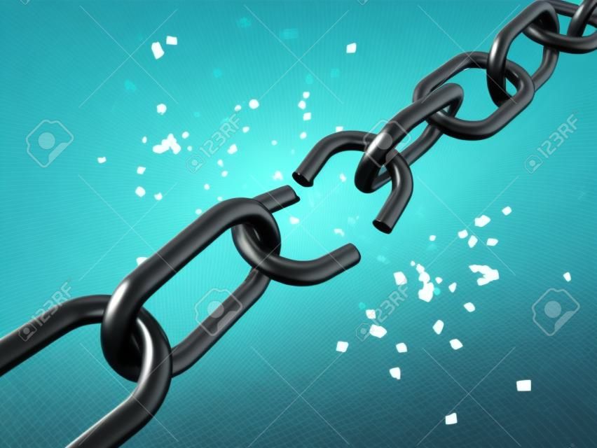 A computer generated image of a chain with a broken link. 