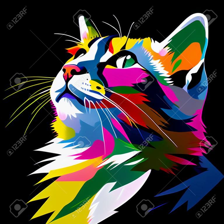 colorful funny cat on pop art style isolated black backround