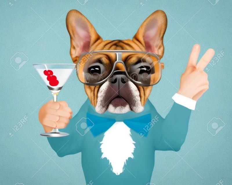 dog with martini cocktail and victory or peace fingers