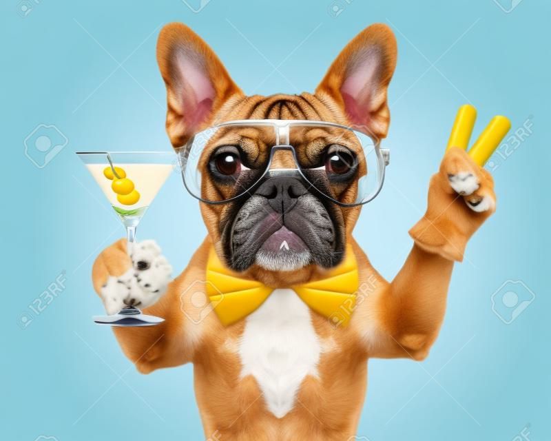 dog with martini cocktail and victory or peace fingers