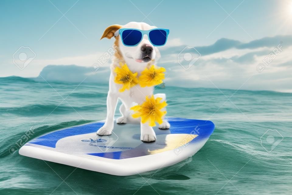 dog surfing on a surfboard wearing a flower chain and sunglasses, at the ocean shore