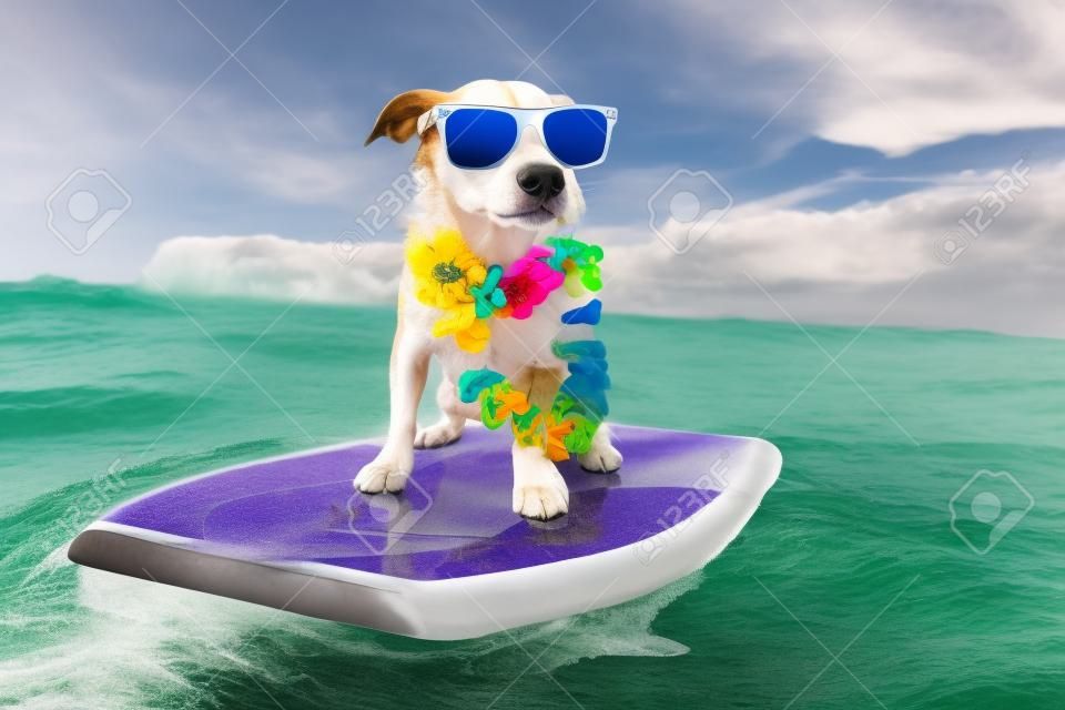 狗衝浪衝浪板戴花鏈和太陽鏡，在海洋海岸