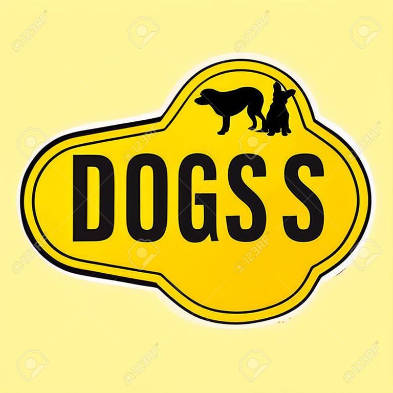Hunde Gruppenzeile Silhouette Illustration auf gelben Schild Schild, zeigt die Wörter, Hunde an Bord, isoliert auf weißem Hintergrund