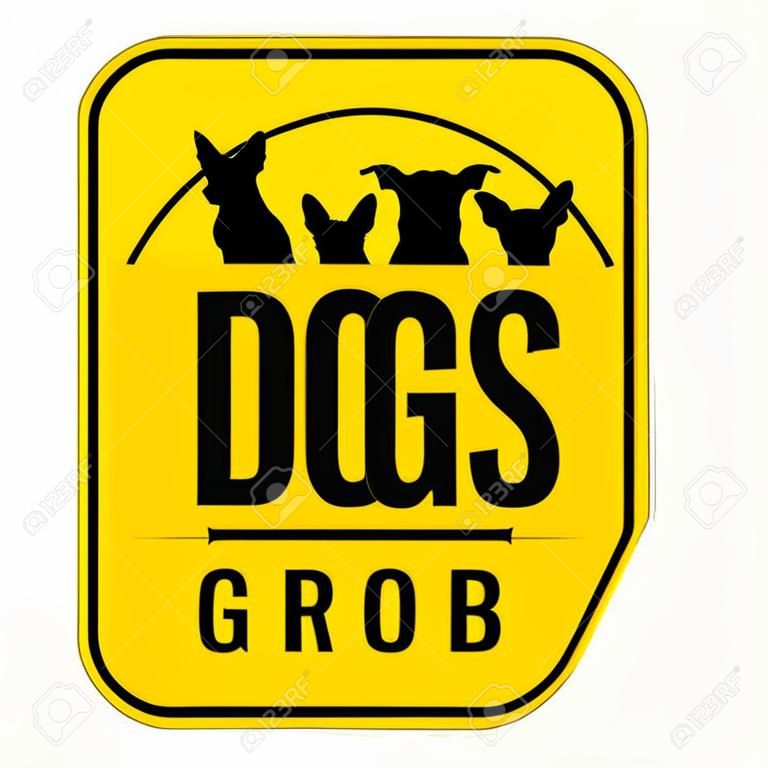 Hunde Gruppenzeile Silhouette Illustration auf gelben Schild Schild, zeigt die Wörter, Hunde an Bord, isoliert auf weißem Hintergrund