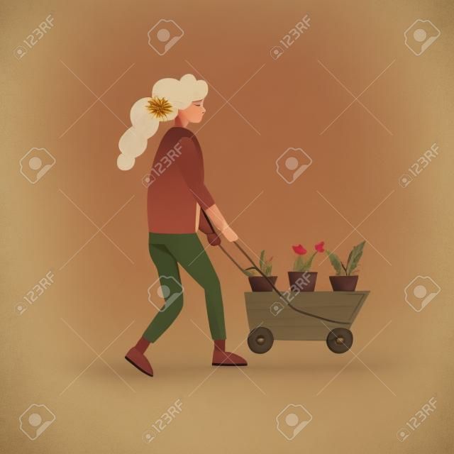 Farmer girl with wheelbarrow and flowers in it. Stylized Vintage character design.