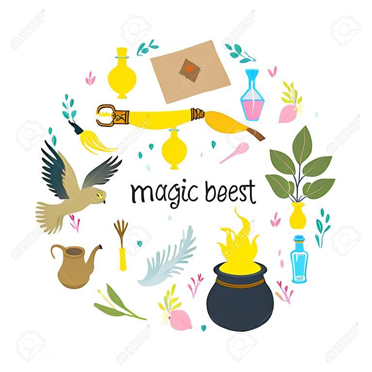 Magic abstract circle design with medieval fairy items, symbols cauldron broom, flask with potions, owls. Vector banner, poster, cover