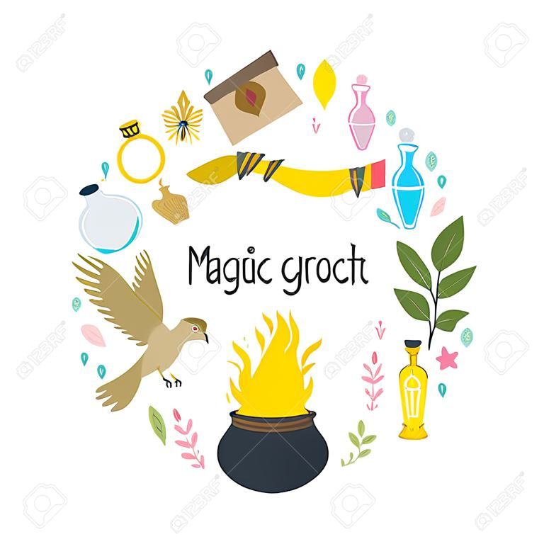 Magic abstract circle design with medieval fairy items, symbols cauldron broom, flask with potions, owls. Vector banner, poster, cover