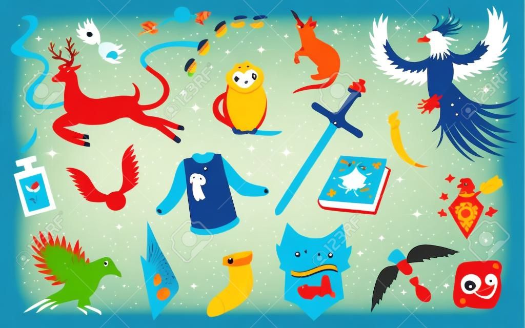 Big bright set with magic creatures, animals and elements. Flat vector illustration for your design