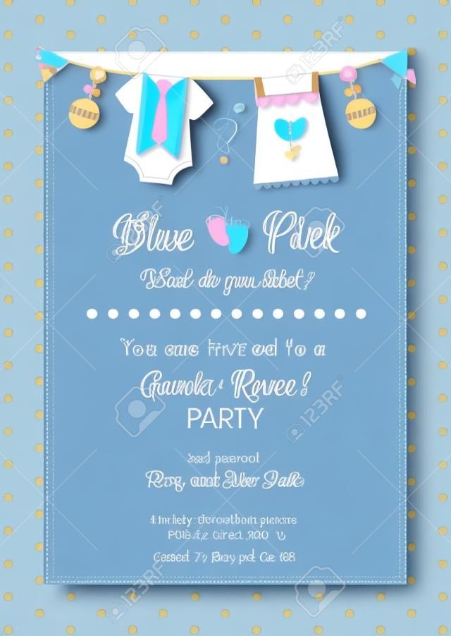 Einladungsvorlage zum Enthüllen des Geschlechts. Babyparty-Party. Junge oder Mädchen. Blau oder Rosa. Grafikdesign für Postkarte, Banner, Einladungskarte, Poster. Vektor-Illustration.