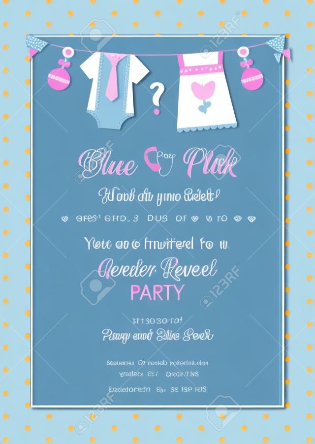 Einladungsvorlage zum Enthüllen des Geschlechts. Babyparty-Party. Junge oder Mädchen. Blau oder Rosa. Grafikdesign für Postkarte, Banner, Einladungskarte, Poster. Vektor-Illustration.