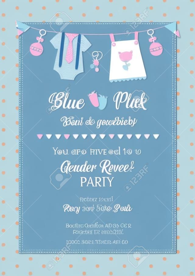 性別は招待テンプレートを明らかにします。ベビーシャワーパーティー。男の子か女の子。青またはピンク。はがき、バナー、招待カード、ポスターのためのグラフィックデザイン。ベクターの図。