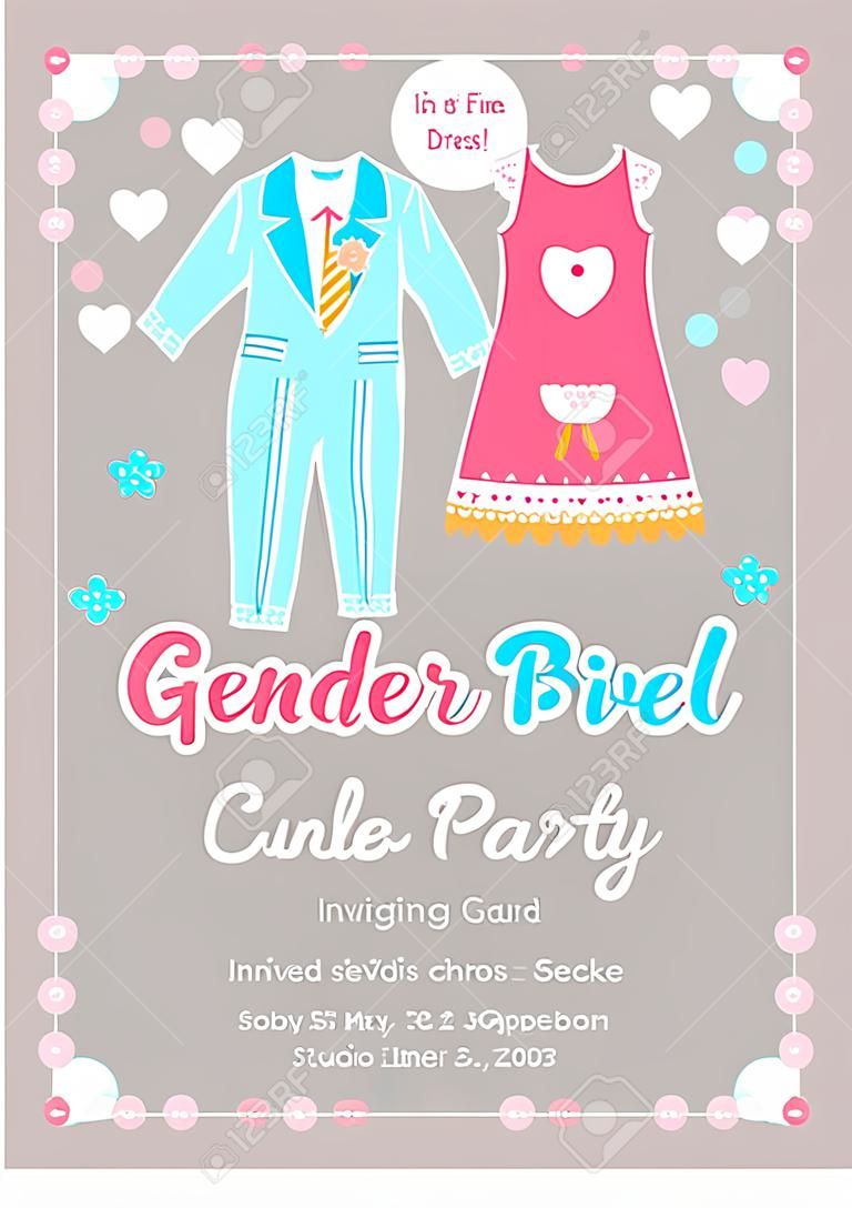 Gender reveal invitation template. Baby shower party. Boy or girl. Blue or pink. Graphic design for postcard, banner, invite card, poster. Vector illustration.