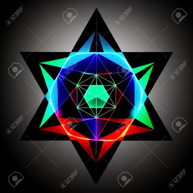 Hexagrama brillante abstracto aislado sobre fondo negro