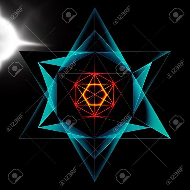 Abstraktes glühendes Hexagramm lokalisiert auf schwarzem Hintergrund