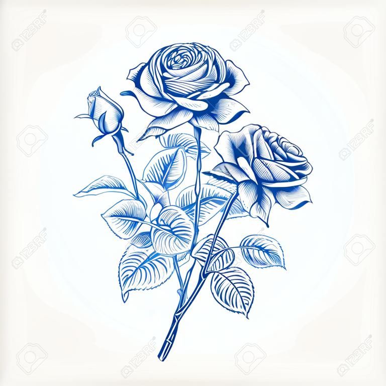 Vintage bukiet róż kwiatowy wektor ilustracja klasyczny niebieski i biały