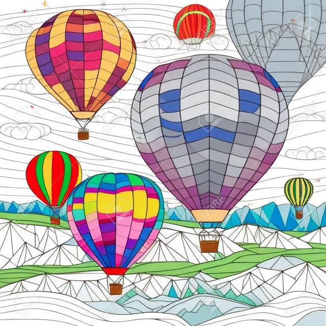 Festival delle mongolfiere. Bellissimo volo jurney con paesaggio di montagne. Pagina del libro da colorare per adulti con elementi di doodle. vettore isolato.