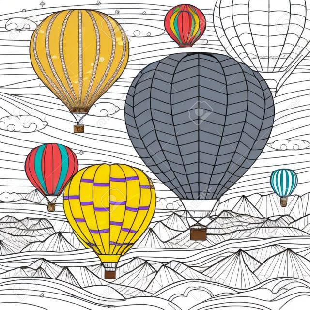 Festival delle mongolfiere. Bellissimo volo jurney con paesaggio di montagne. Pagina del libro da colorare per adulti con elementi di doodle. vettore isolato.