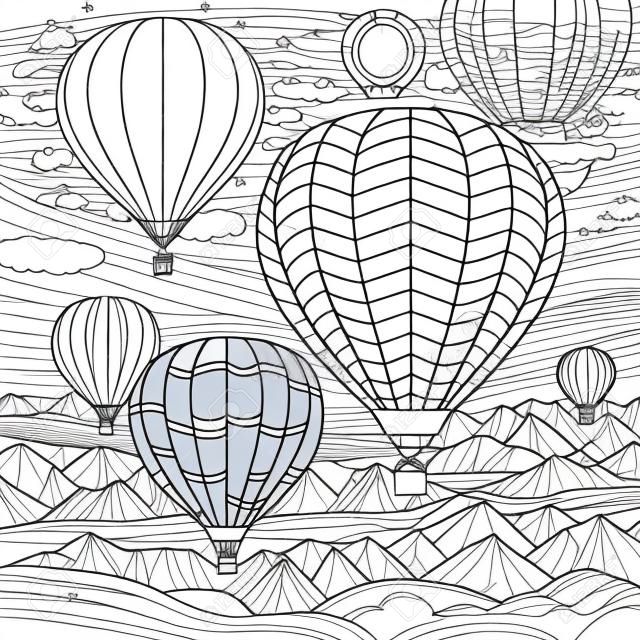 Hot air balloon festival. Beautiful jurney flight with mountains landscape. Coloring book page for adult with doodle elements. Isolated vector.