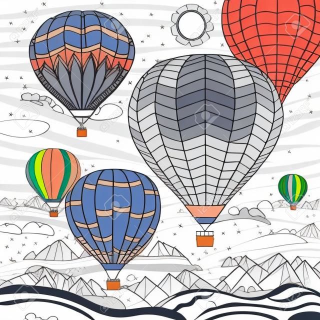 Hot air balloon festival. Beautiful jurney flight with mountains landscape. Coloring book page for adult with doodle elements. Isolated vector.