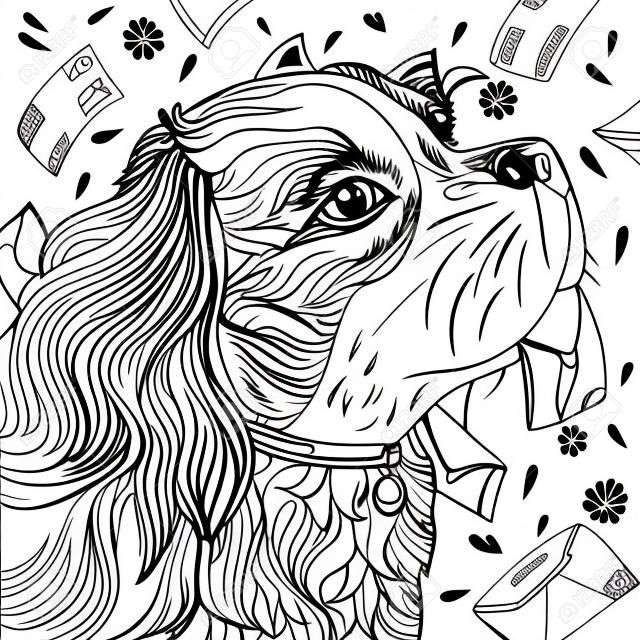 Cavalier King Charles Spaniel with mails portrait. Coloring book page for adult with doodle and  elements. Vector outline art of dog.