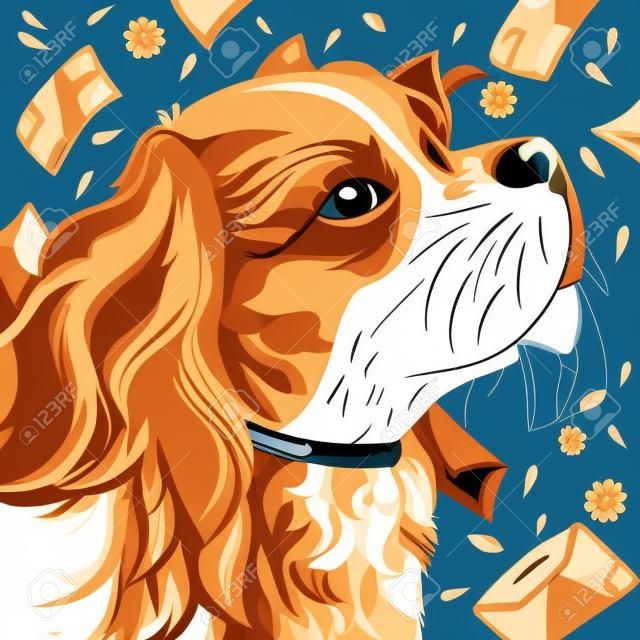 Cavalier King Charles Spaniel com retrato de e-mails. Página do livro de colorir para adulto com doodle e elementos. Arte de esboço do vetor do cão.