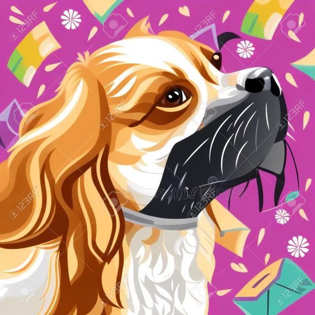 Cavalier King Charles Spaniel with mails portrait. Coloring book page for adult with doodle and  elements. Vector outline art of dog.