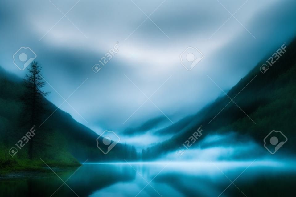 Ghostly forest near mountain lake in early morning. Mountain creek flows into lake. Ripple on smooth water surface. Low clouds. Dark calm atmospheric misty woodland landscape. Tranquil atmosphere.