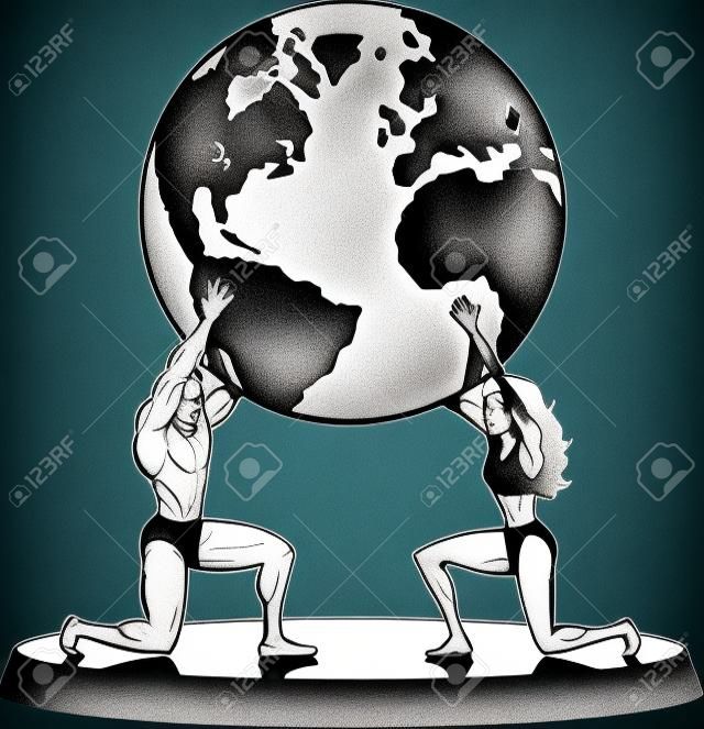 Male and Female Atlas supporting the world in simple Black and White