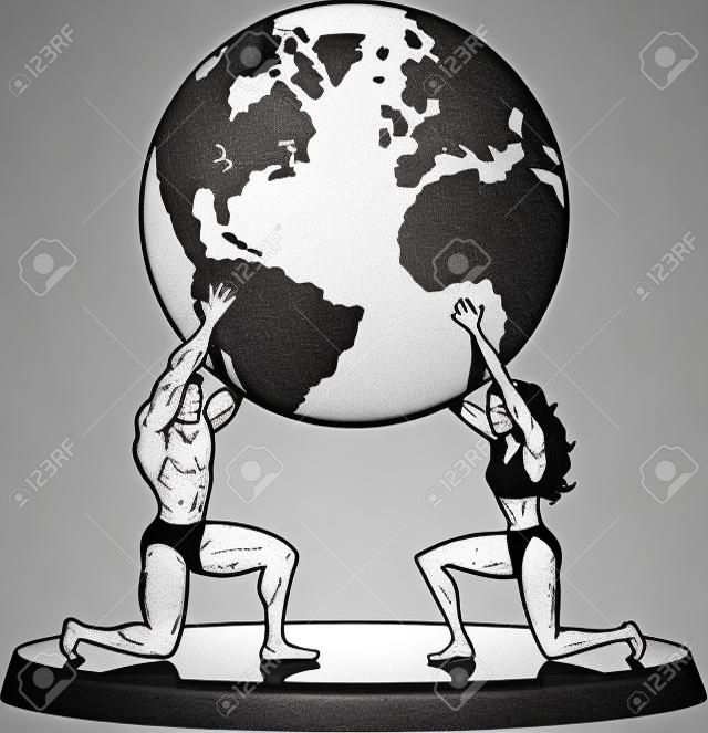 Male and Female Atlas supporting the world in simple Black and White