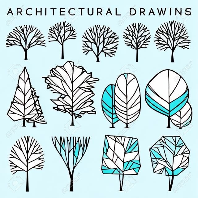 Set of Architectural Hand Drawn Trees: Vector Illustration