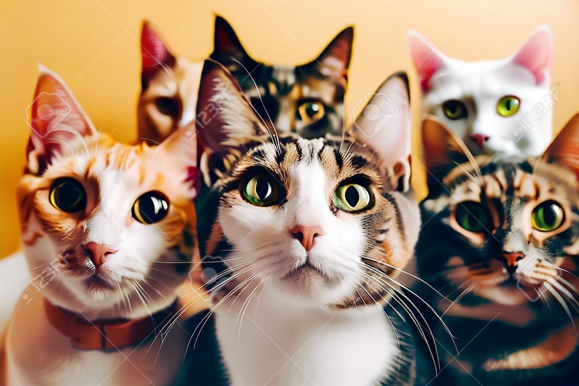 Cats on an yellow background. A group of funny multicolored, different breeds cats looks into the camera and waiting to be given cat food to eat. Funny pets. Generative AI.