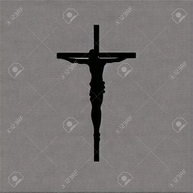 Silueta de la crucifixión de Jesucristo sobre un fondo blanco.