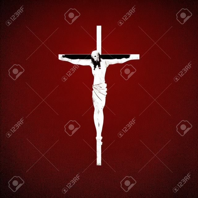 Silhouette de la crucifixion de Jésus-Christ sur fond blanc.