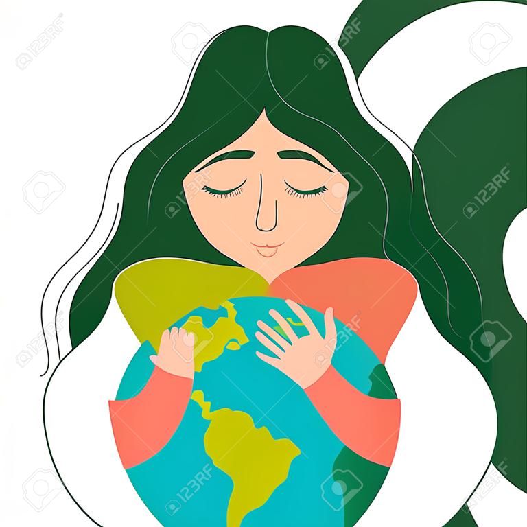 Dzień Matki Ziemi. plakat z kobietą piękna planety i przyrody. ładny charakter ziemi przytulanie serca wektor kreskówka płaski na białym tle
