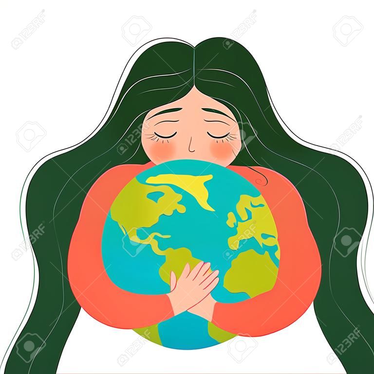 Dzień Matki Ziemi. plakat z kobietą piękna planety i przyrody. ładny charakter ziemi przytulanie serca wektor kreskówka płaski na białym tle