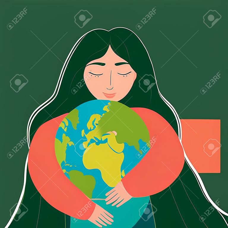 Giornata della Madre Terra. Poster con la bellezza della donna del pianeta e della natura. Simpatico personaggio della terra che abbraccia lo stile piatto del fumetto di vettore del cuore isolato su priorità bassa bianca