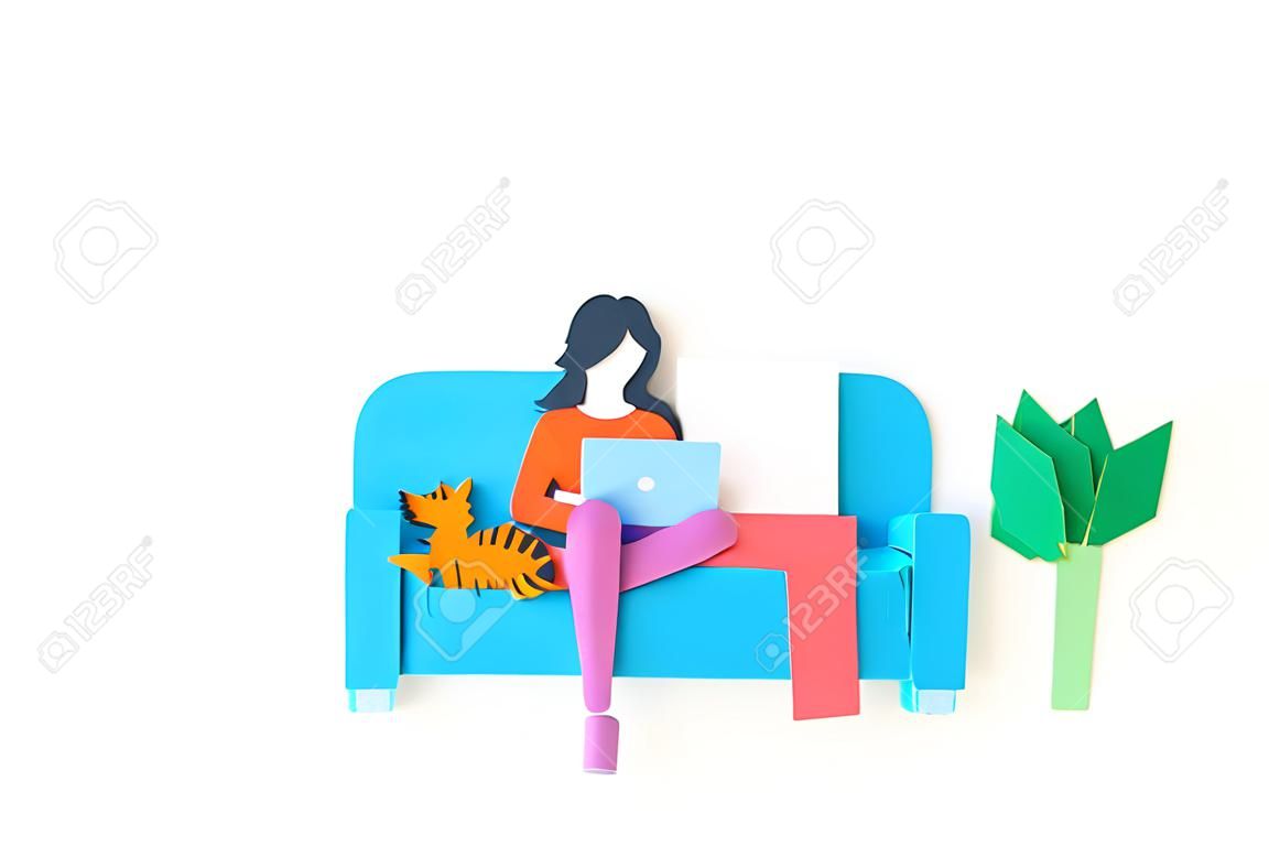 Woman sitting a blue couch working on a laptop. Paper craft creativity Online education learning at home White background