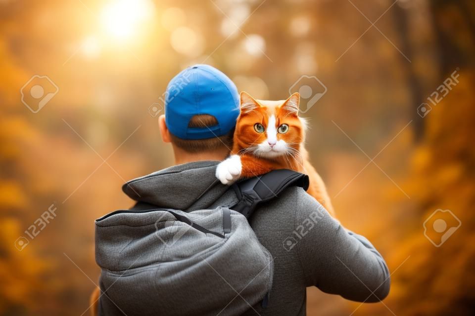 People and pets. Hiking with cat. Cat sitting on the shoulder. Man spending time with his lovely pet. Walking the cat. High quality photo