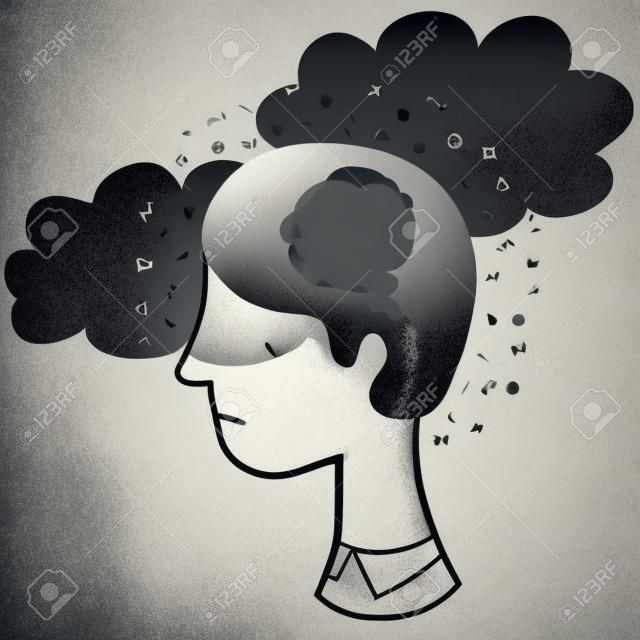 Vector Illustration eines Mannes im depressiven Geisteszustand. Depression und Frustration Konzept. Monochrome Grafik für psychische Probleme.