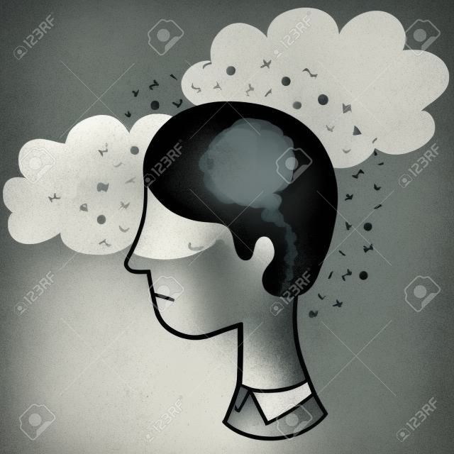 Ilustração vetorial de um homem em estado depressivo da mente. Conceito da depressão e da frustração. Arte monocromática dedicada aos problemas de saúde mental.