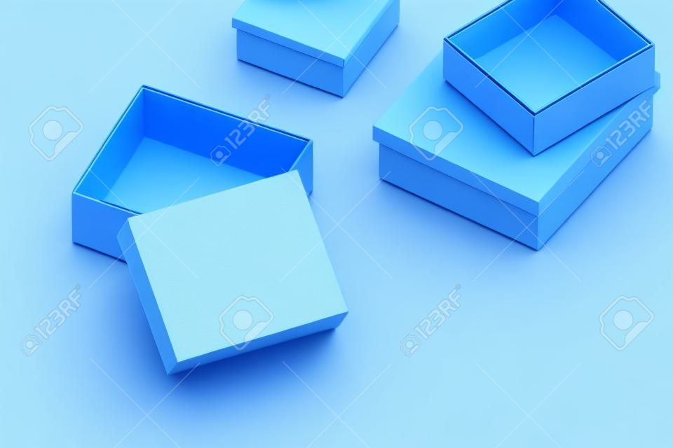 Molte scatole di imballaggio nei colori blu e rosa per mock up o presentazione. illustrazione 3d.