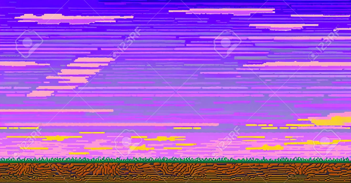 Landscape page of pixel game, cloudy sky, underground and grass, Pixeleted background for video-game or app 8bit game