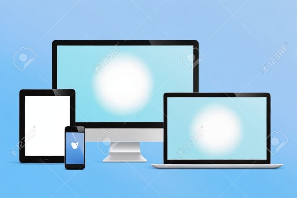laptop, okostelefon, tablet, számítógép, kijelzővel elszigetelt makettet fehér háttér