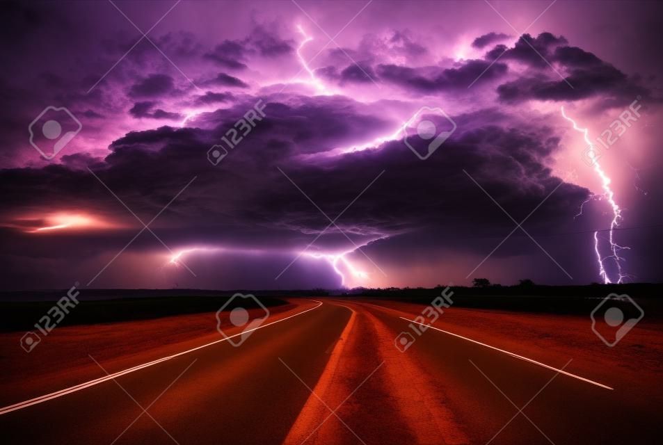 Along the road. Sunset and lightning
