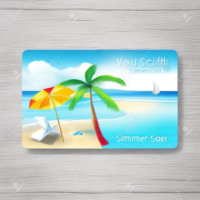 Carta regalo sconto estate vendita. Design del marchio per agenzia di viaggi. Tema di vacanza per la progettazione di carte regalo. Spiaggia estiva con ombrelloni, isola e yacht.