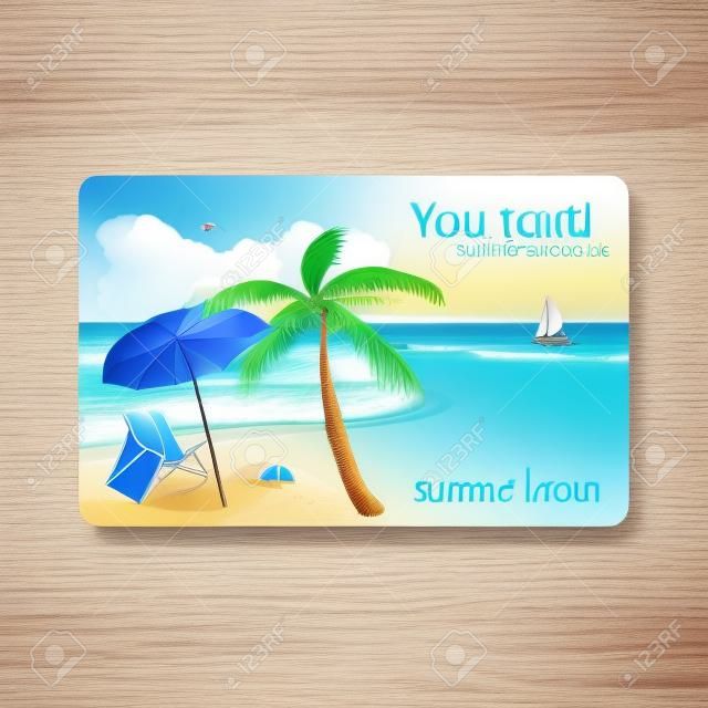 Carta regalo sconto estate vendita. Design del marchio per agenzia di viaggi. Tema di vacanza per la progettazione di carte regalo. Spiaggia estiva con ombrelloni, isola e yacht.